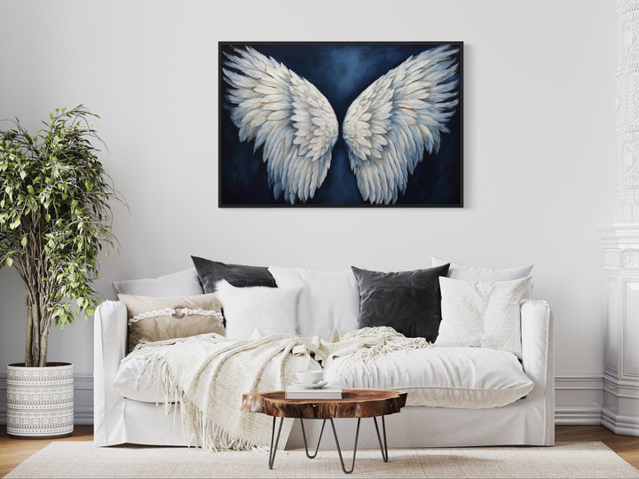 White Angel Wings On Blue Background Framed Canvas Wall Art