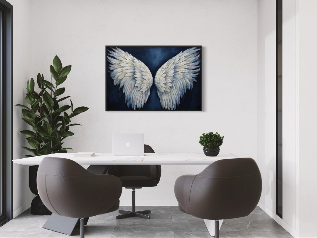 White Angel Wings On Blue Background Framed Canvas Wall Art