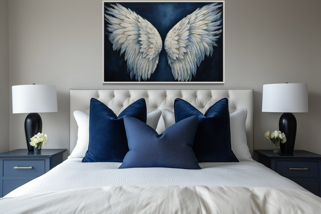 White Angel Wings On Blue Background Framed Canvas Wall Art