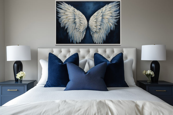 White Angel Wings On Blue Background Framed Canvas Wall Art