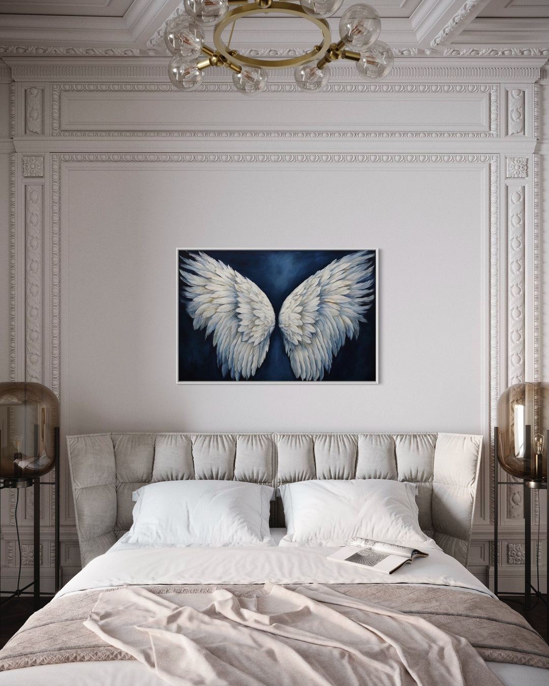 White Angel Wings On Blue Background Framed Canvas Wall Art