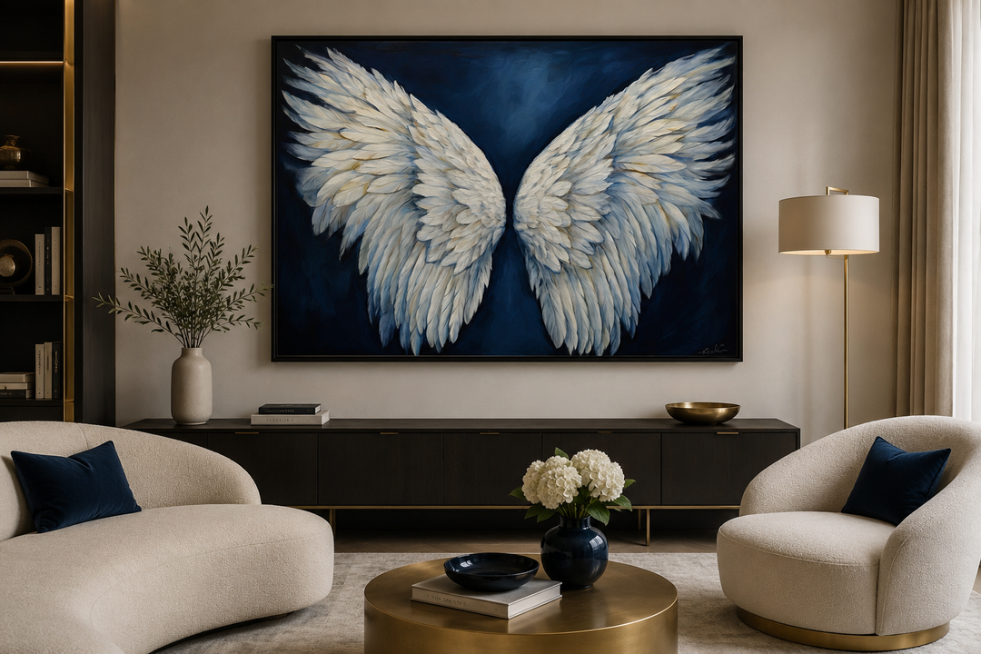 Framed canvas wall art featuring detailed white angel wings on a deep blue background.