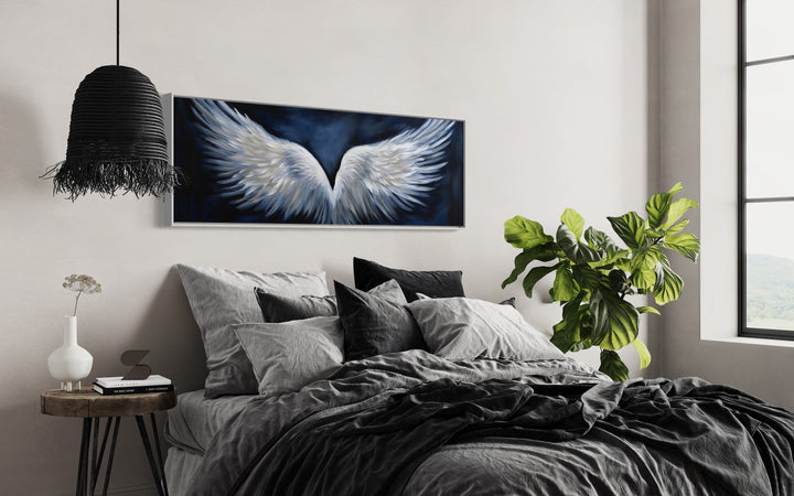 White Angel Wings On Blue Background Horizontal Framed Canvas Above Bed Wall Art