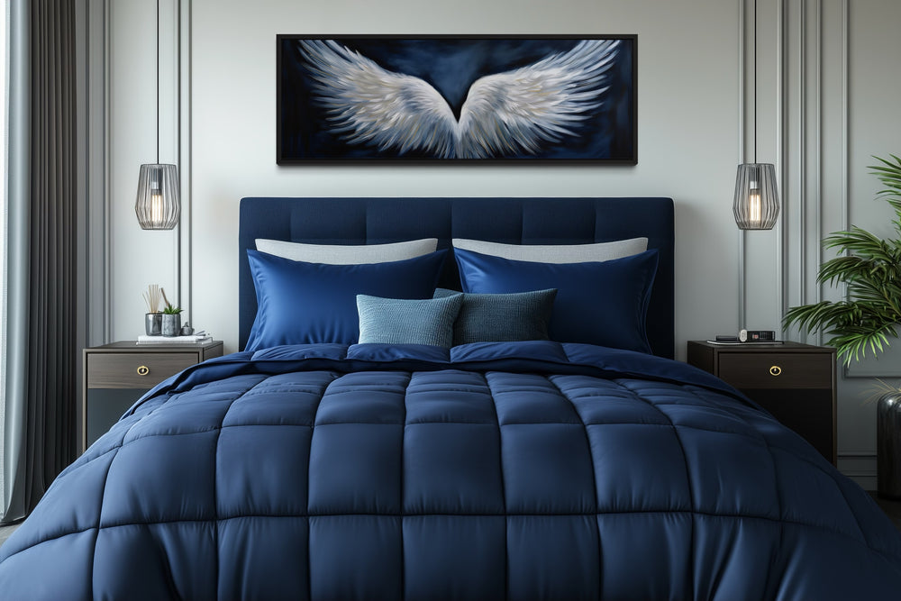 White Angel Wings On Blue Background Horizontal Framed Canvas Above Bed Wall Art