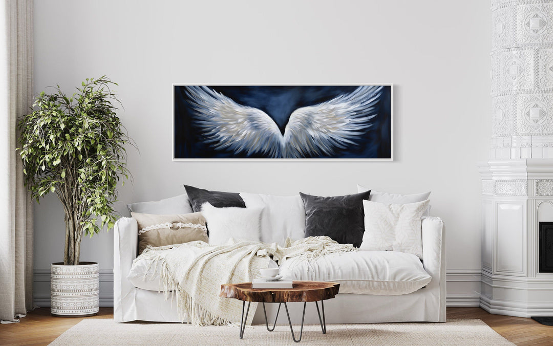 White Angel Wings On Blue Background Horizontal Framed Canvas Above Bed Wall Art