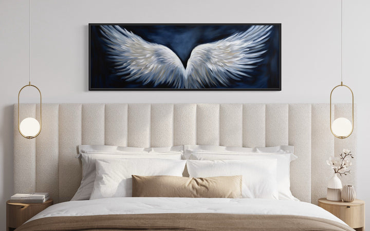 White Angel Wings On Blue Background Horizontal Framed Canvas Above Bed Wall Art