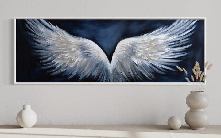 White Angel Wings On Blue Background Horizontal Framed Canvas Above Bed Wall Art