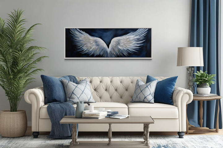 White Angel Wings On Blue Background Horizontal Framed Canvas Above Bed Wall Art