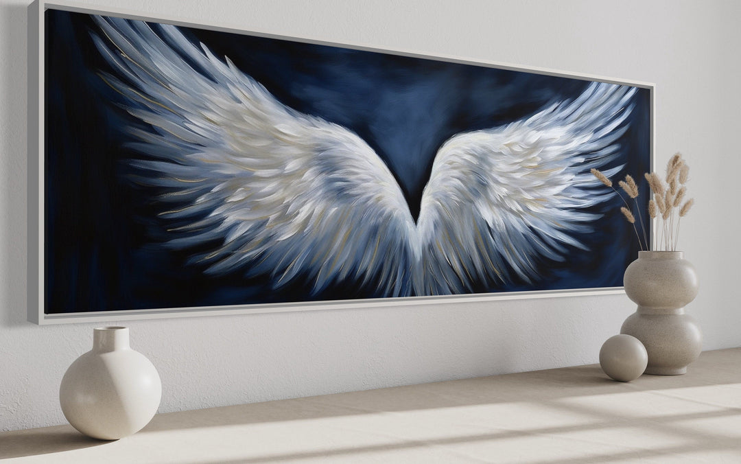 White Angel Wings On Blue Background Horizontal Framed Canvas Above Bed Wall Art