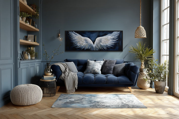 White Angel Wings On Blue Background Horizontal Framed Canvas Above Bed Wall Art