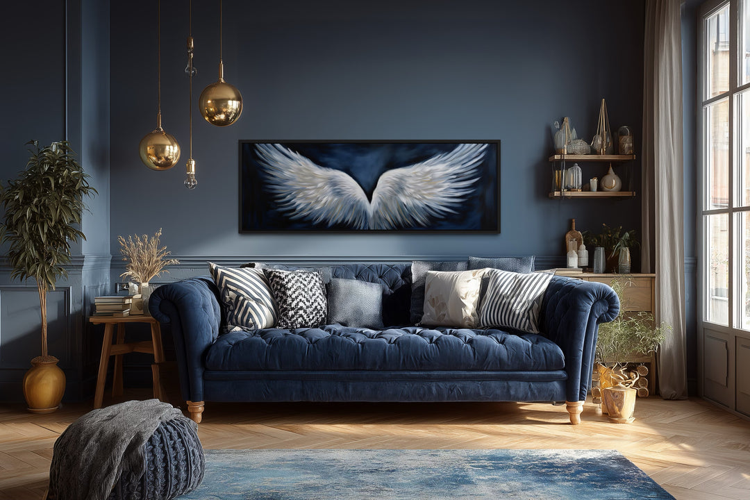 White Angel Wings On Blue Background Horizontal Framed Canvas Above Bed Wall Art