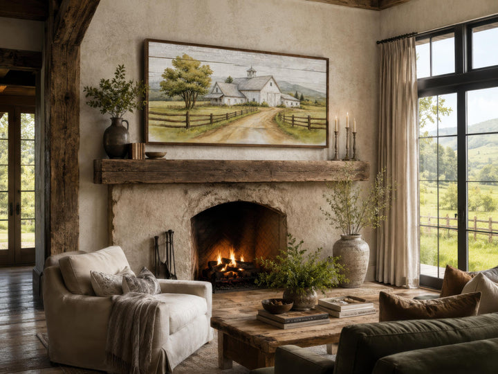 White barn wall art in a rustic farmhouse living room above a stone fireplace with a wood mantel.