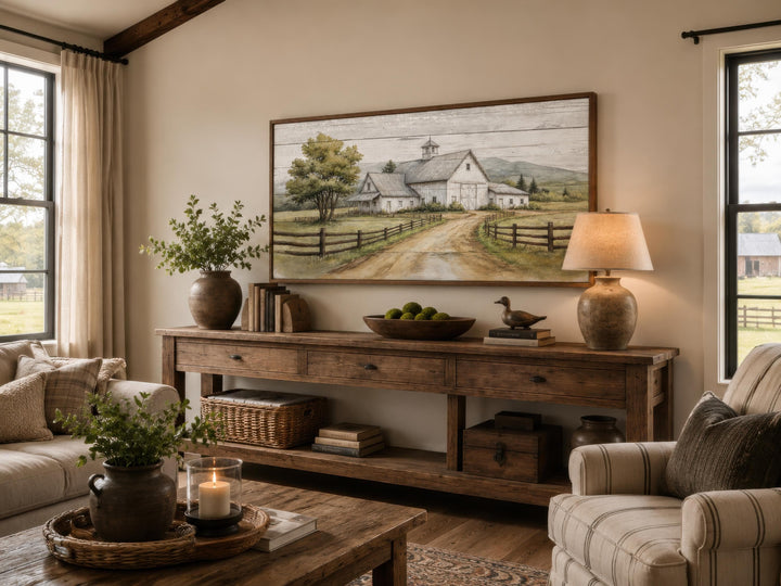 Rustic white barn landscape wall art hanging above a wooden console table in a farmhouse living room
