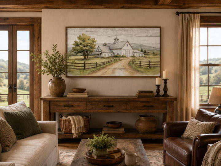 Rustic white barn painting on canvas with a winding dirt path, green trees, and a soft blue sky.