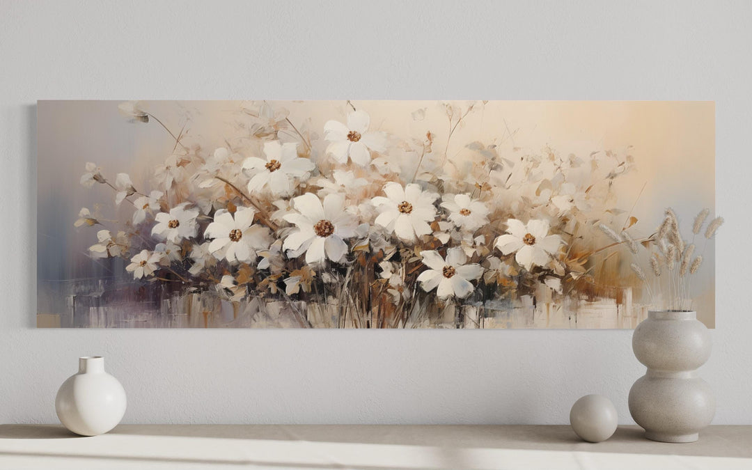 Panoramic canvas wall art featuring white and beige wildflowers in a farmhouse style.