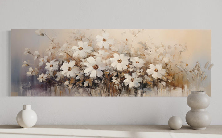 Panoramic canvas wall art featuring white and beige wildflowers in a farmhouse style.