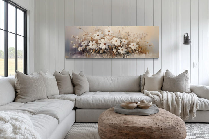 White Beige Neutral Wildflowers Farmhouse Framed Canvas Wall Art Above Bed