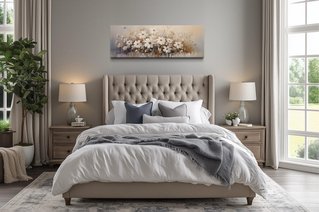 White Beige Neutral Wildflowers Farmhouse Framed Canvas Wall Art Above Bed