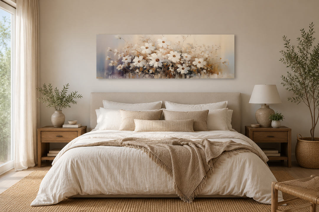 White and beige neutral wildflowers framed canvas wall art in a panoramic format above a bed.