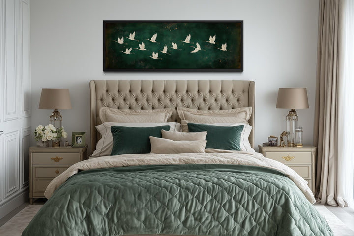 White Birds Flying Long Horizontal Emerald Green Canvas Wall Art