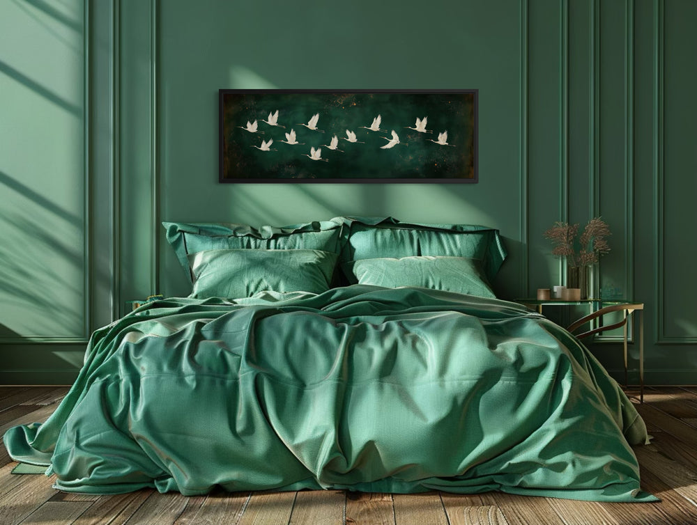 White Birds Flying Long Horizontal Emerald Green Canvas Wall Art