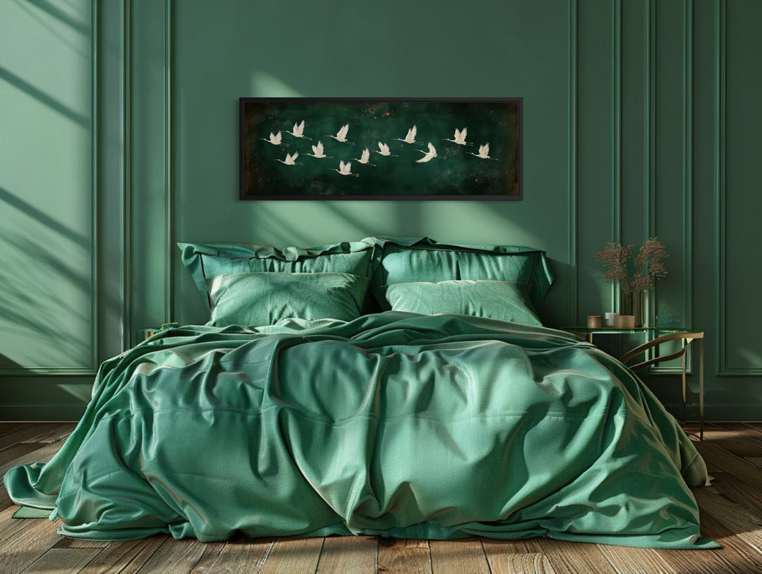 White Birds Flying Long Horizontal Emerald Green Canvas Wall Art