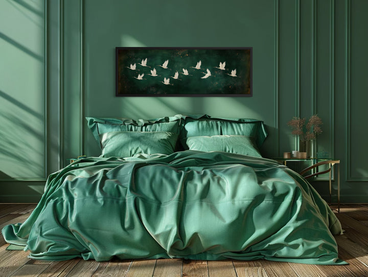 White Birds Flying Long Horizontal Emerald Green Canvas Wall Art