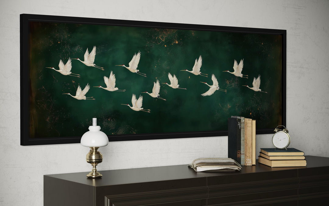 White Birds Flying Long Horizontal Emerald Green Canvas Wall Art