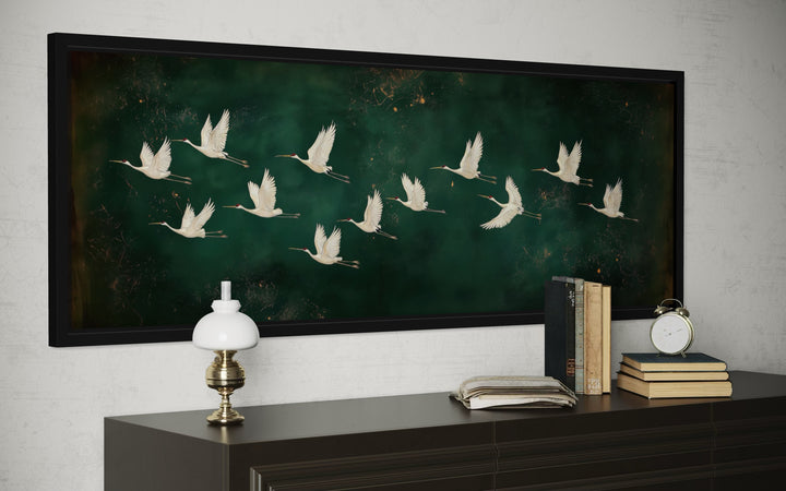 White Birds Flying Long Horizontal Emerald Green Canvas Wall Art