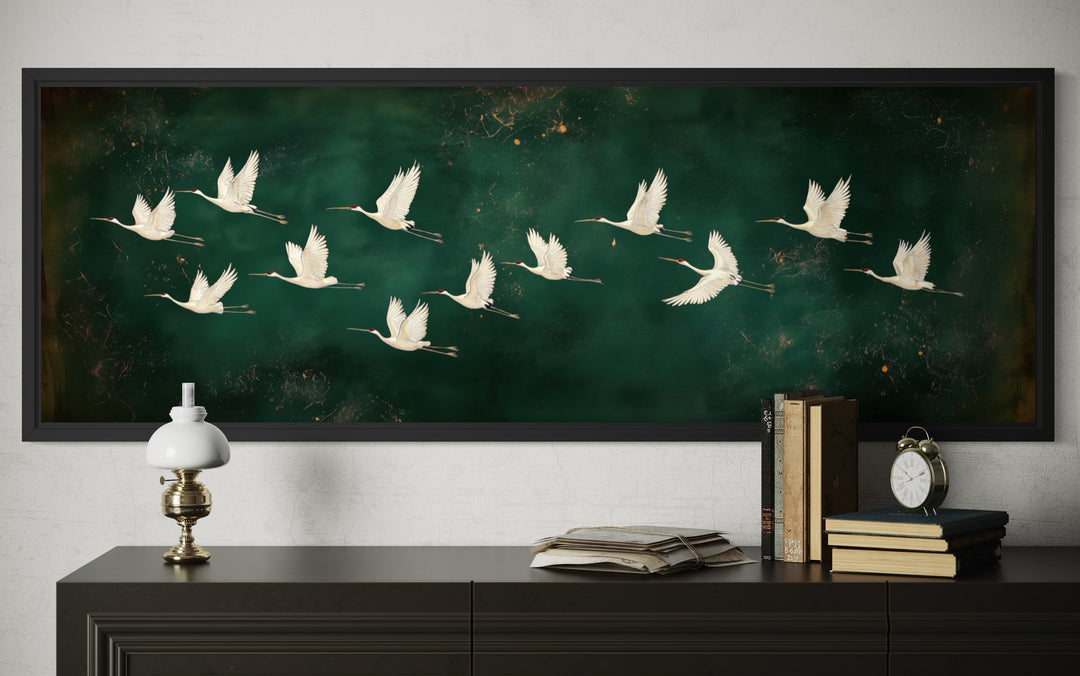 White Birds Flying Long Horizontal Emerald Green Canvas Wall Art