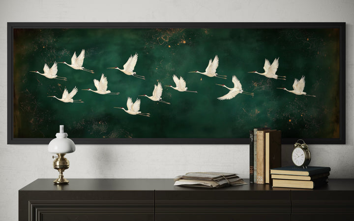 White Birds Flying Long Horizontal Emerald Green Canvas Wall Art