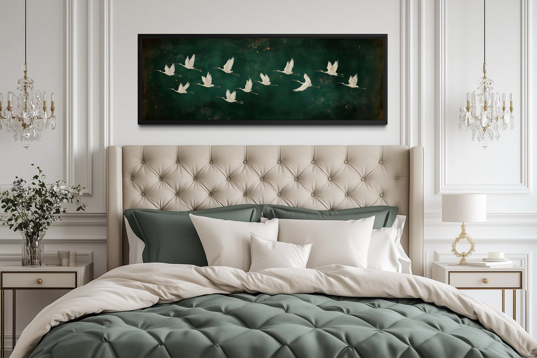 White Birds Flying Long Horizontal Emerald Green Canvas Wall Art