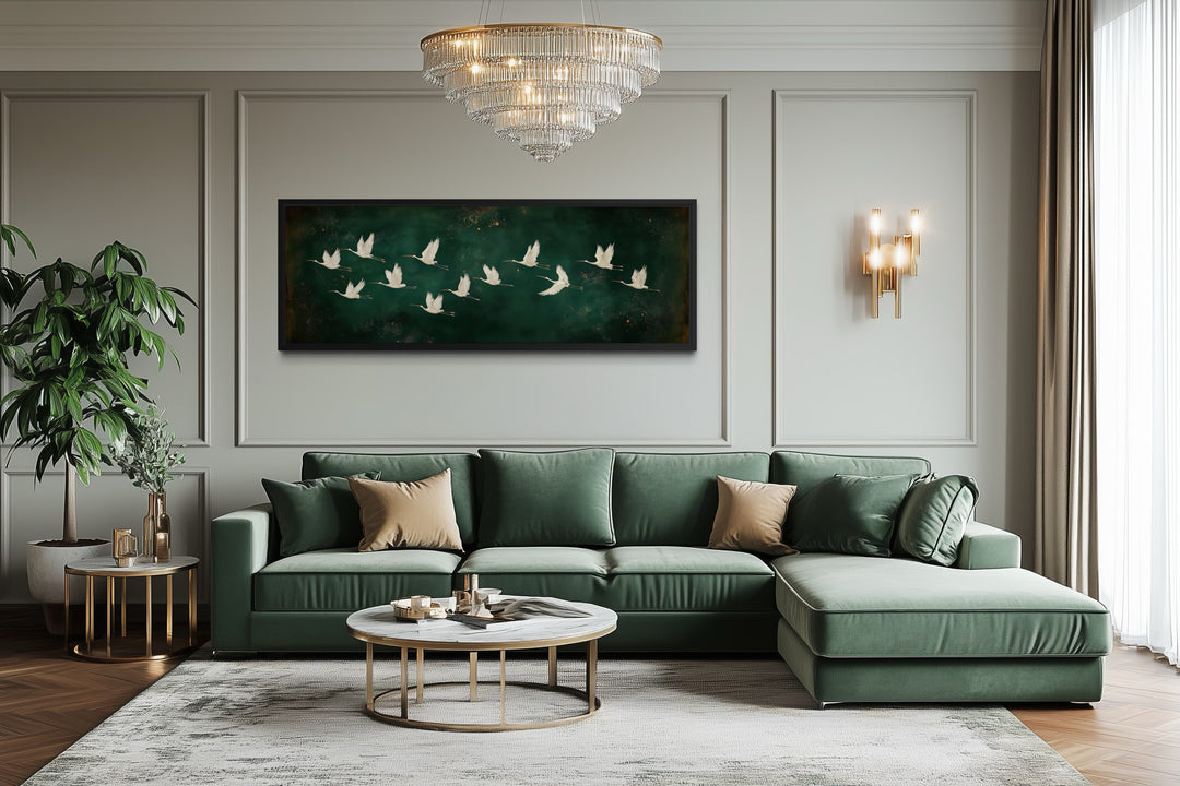 White Birds Flying Long Horizontal Emerald Green Canvas Wall Art