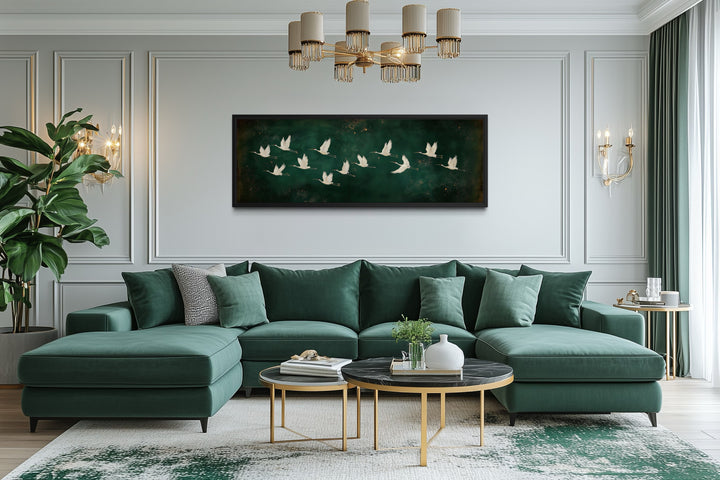 White Birds Flying Long Horizontal Emerald Green Canvas Wall Art