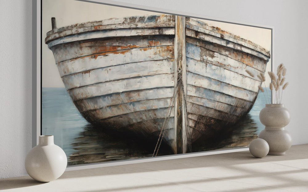 Rustic old boat close-up framed canvas wall art with weathered wood and peeling paint details.