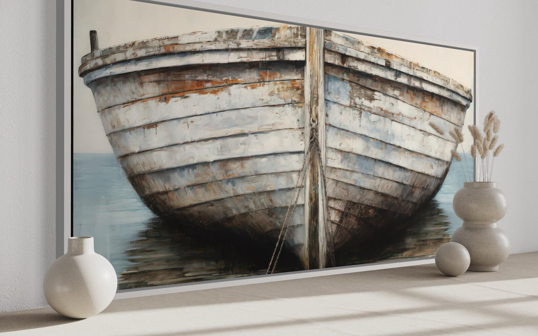Rustic old boat close-up framed canvas wall art with weathered wood and peeling paint details.