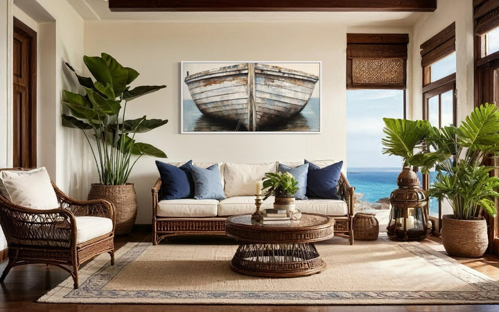 Framed canvas wall art featuring a close-up of a rustic, weathered white and brown boat.