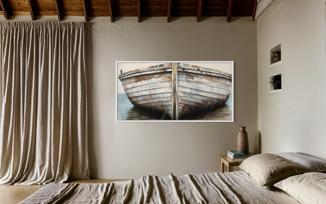 White Brown Rustic Old Boat Close Up Framed Canvas Wall Art