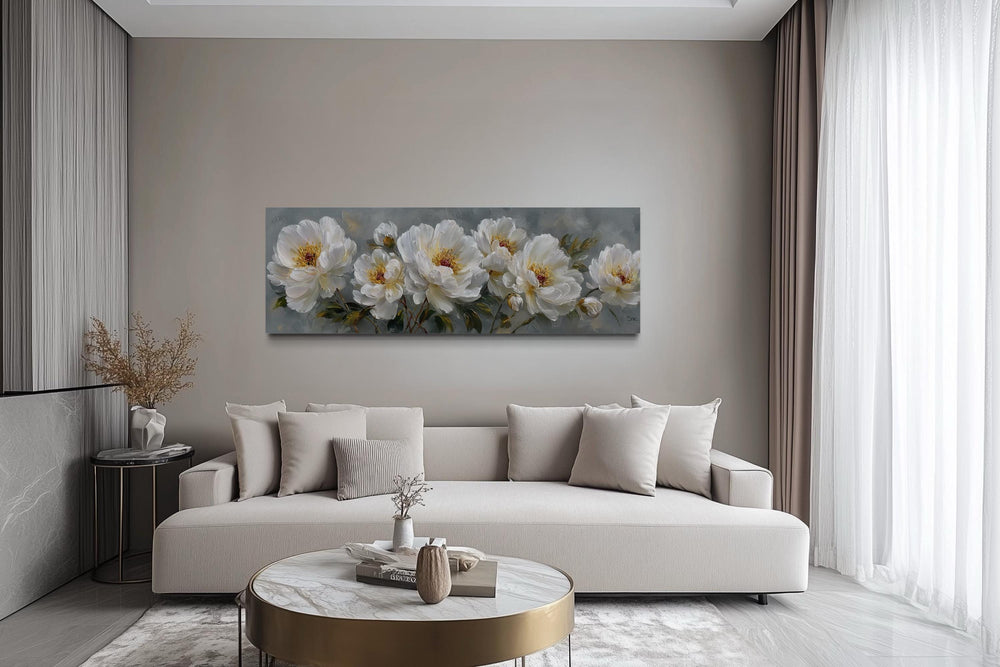 White Cream Peonies Long Horizontal Floral Framed Canvas Wall Art
