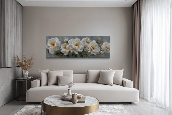 White Cream Peonies Long Horizontal Floral Framed Canvas Wall Art