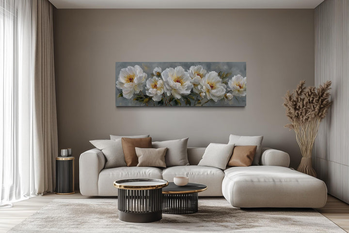 White Cream Peonies Long Horizontal Floral Framed Canvas Wall Art