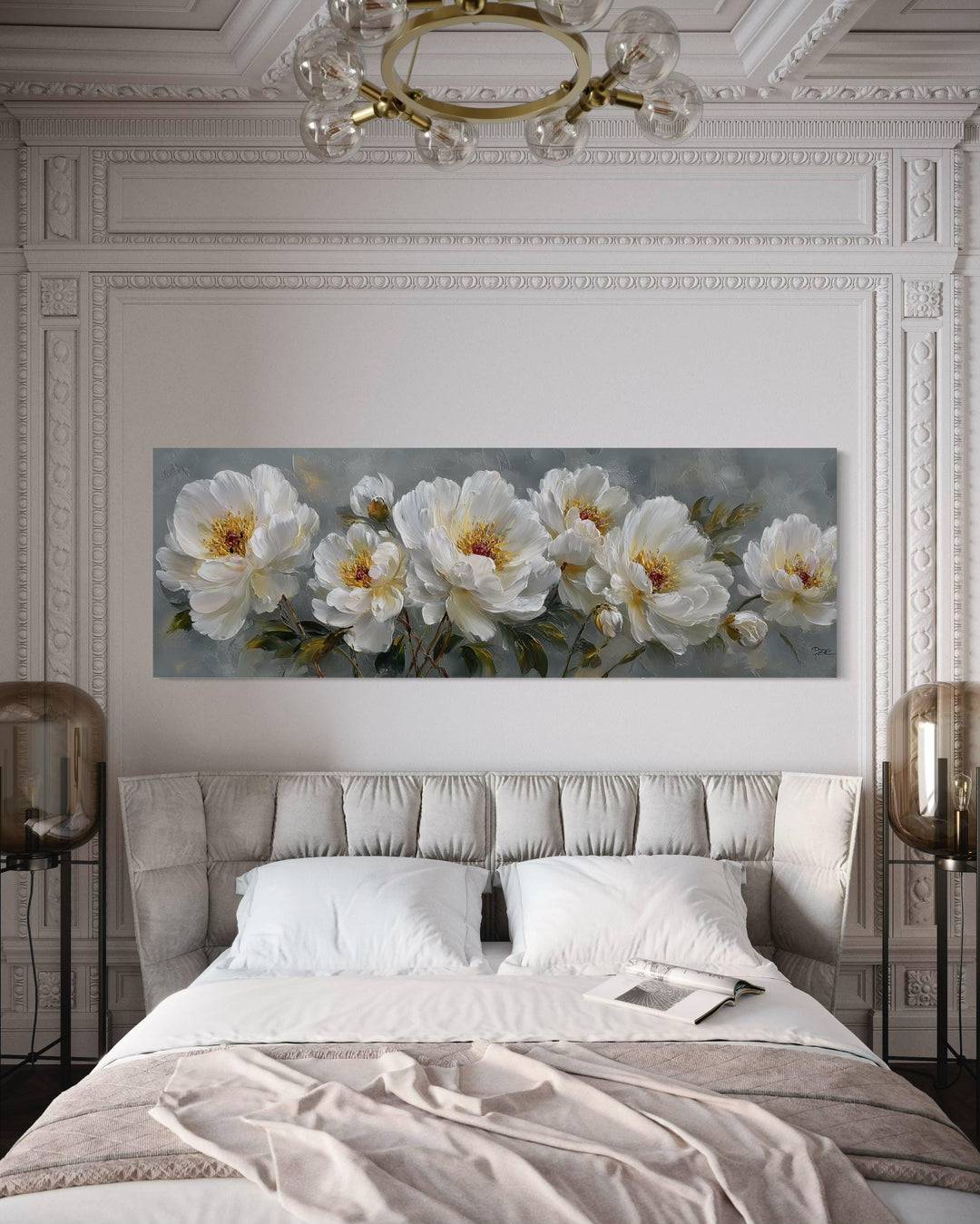 White Cream Peonies Long Horizontal Floral Framed Canvas Wall Art