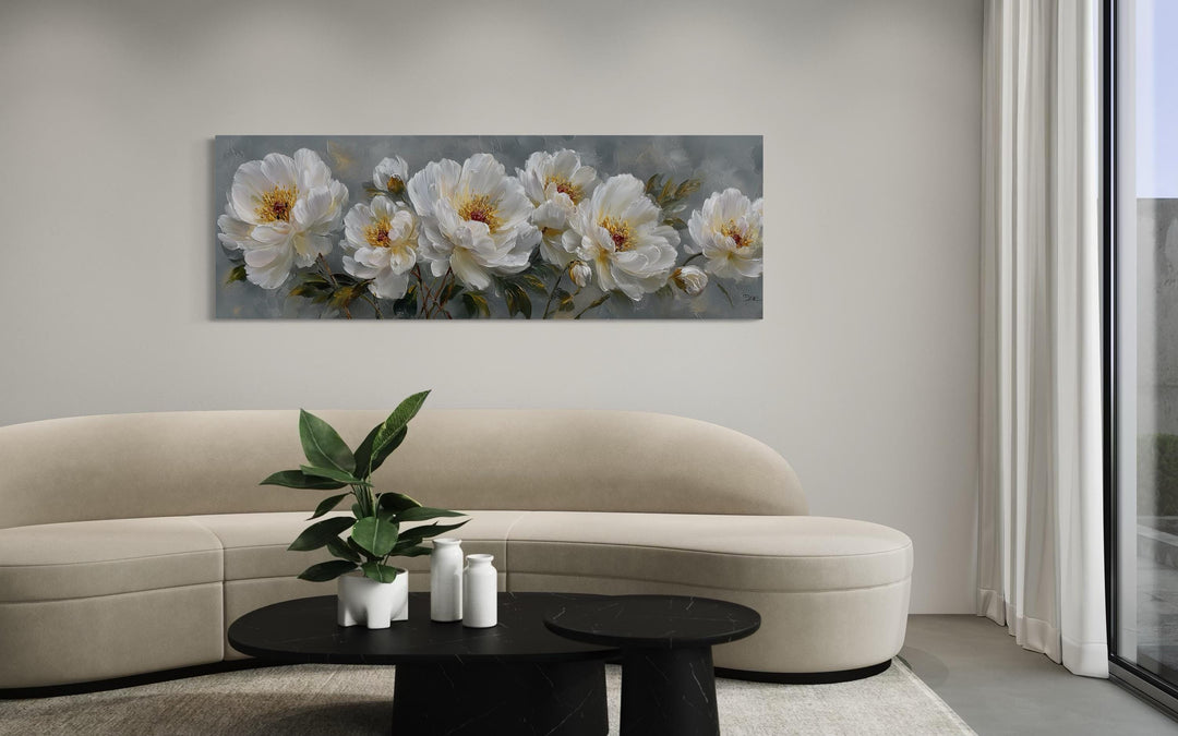 White Cream Peonies Long Horizontal Floral Framed Canvas Wall Art