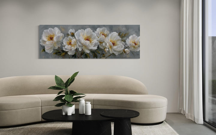 White Cream Peonies Long Horizontal Floral Framed Canvas Wall Art