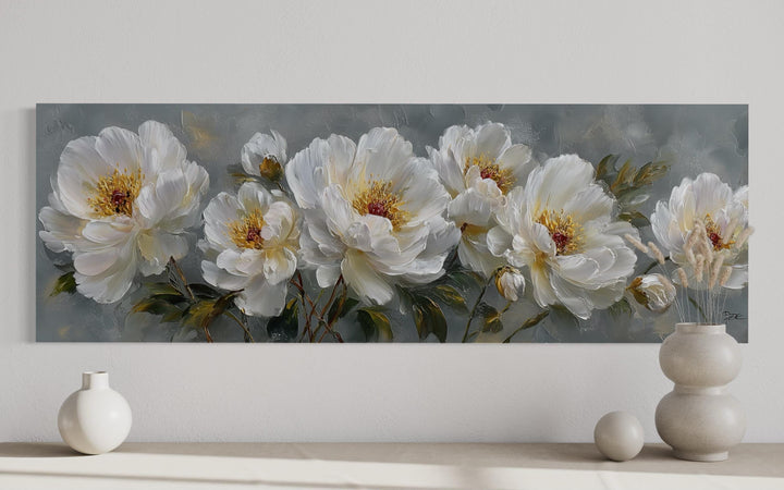 White Cream Peonies Long Horizontal Floral Framed Canvas Wall Art
