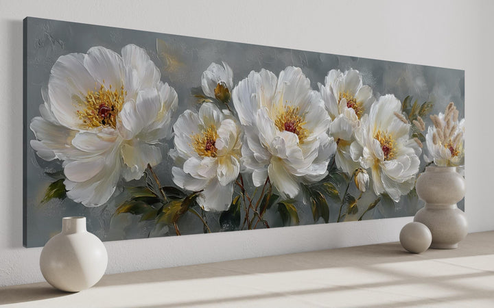 White Cream Peonies Long Horizontal Floral Framed Canvas Wall Art