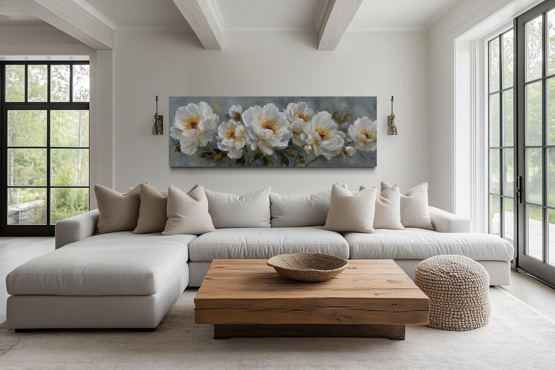White Cream Peonies Long Horizontal Floral Framed Canvas Wall Art