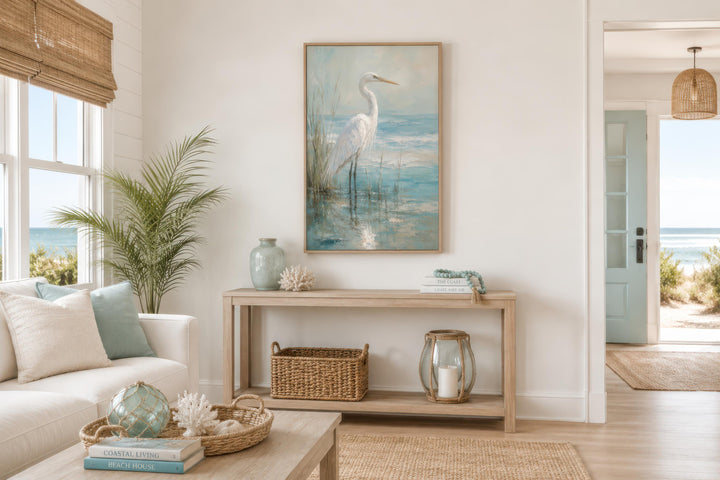 White Egret Artwork | Coastal Wall Decor for Beach House