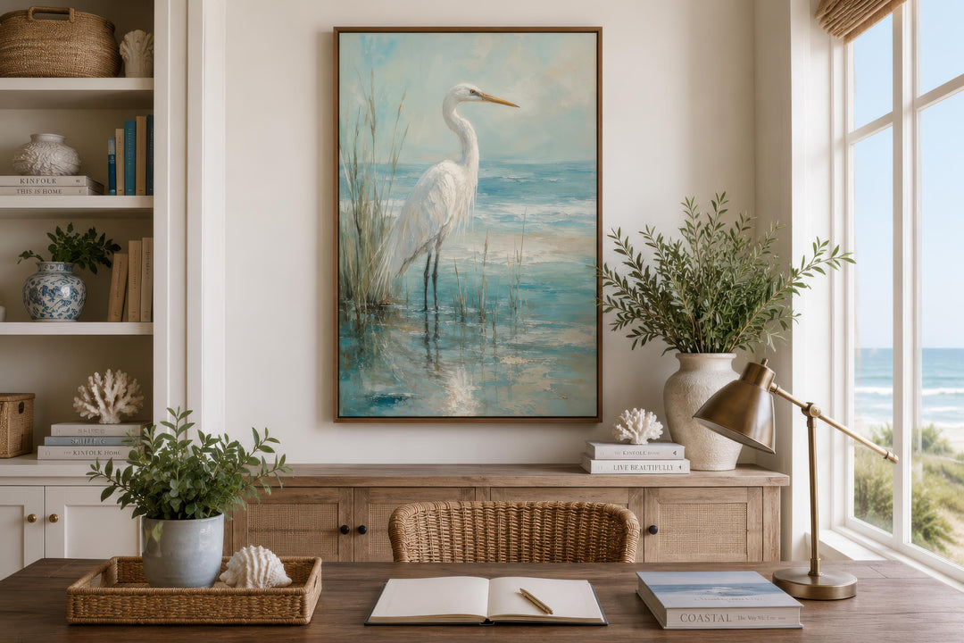 White Egret Artwork | Coastal Wall Decor for Beach House