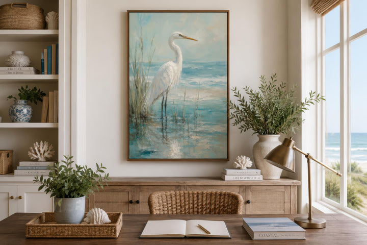 White Egret Artwork | Coastal Wall Decor for Beach House